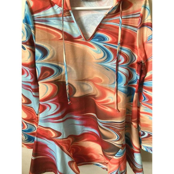 Loveu.Dear L/S Hooded Tunic Top Orange Blue Swirl Size Large Women's - Picture 5 of 5